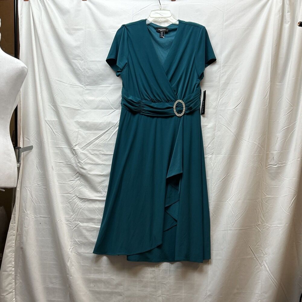 R&M Richards Premier Dress 14W Teal Rhinestone Buckle Ruched Formal NWT